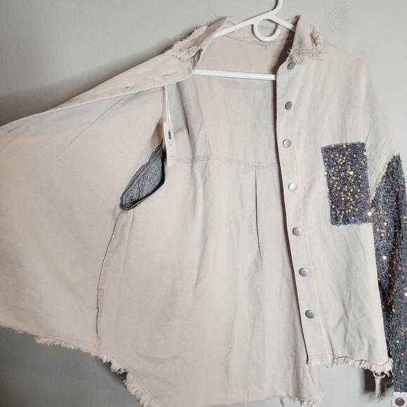 NWT HIMYTHE Beige Oversized Twill Denim Sequin Shacket Sparkle Large - Picture 15 of 17
